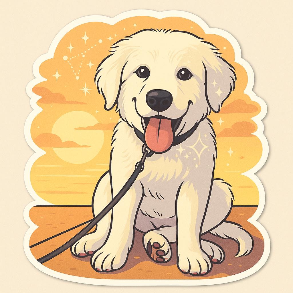 Milo the Magnificent sticker from K&M Paw Co., featuring a playful Great Pyrenees dog illustration with a sunset background, designed for pet lovers who appreciate premium quality and meaningful simplicity
