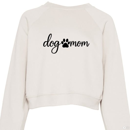 Cream cropped “Dog Mom” sweatshirt from K&M Paw Co., featuring a minimalist, premium design for stylish pet owners