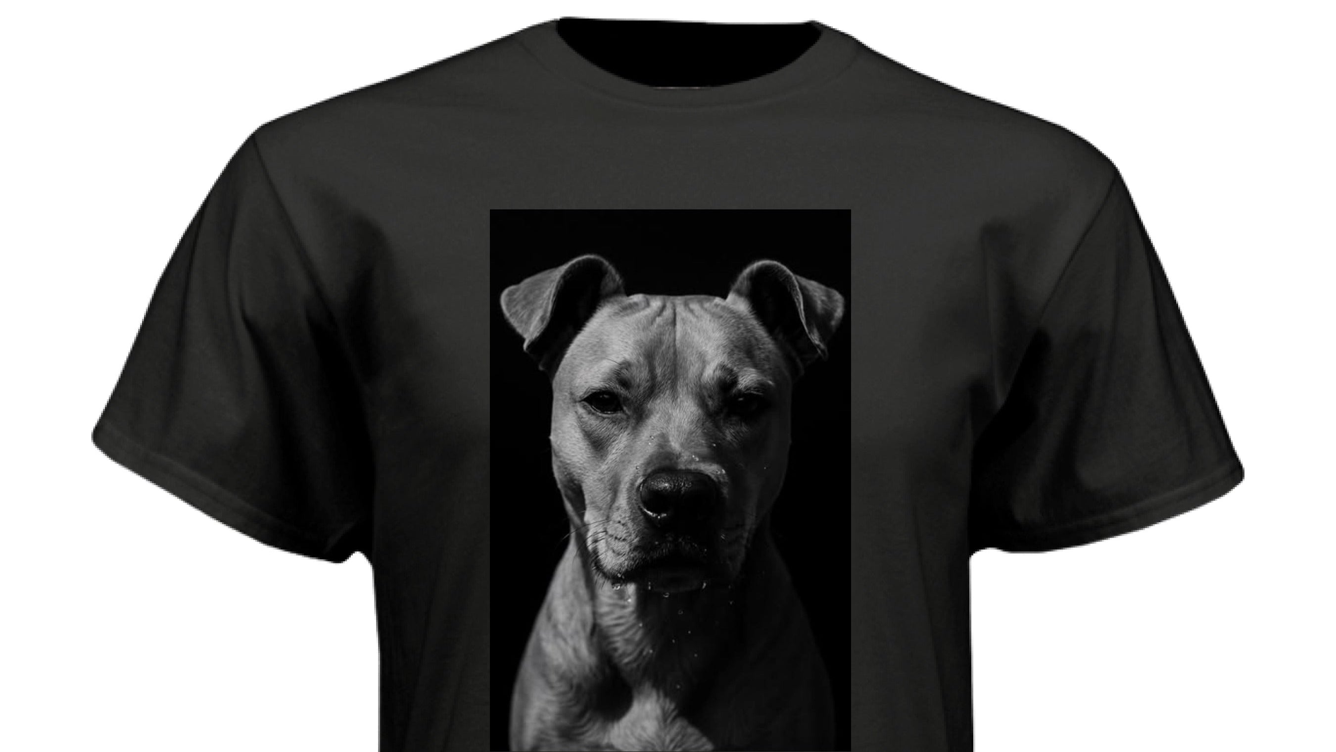 Black short sleeve t-shirt featuring a striking black and white portrait of a dog named Freya, from K&M Paw Co., designed for stylish pet owners who value meaningful simplicity and timeless style