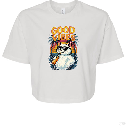 White short sleeve “Good Vibes Cat” t-shirt from K&M Paw Co., featuring a minimalist, modern design for stylish cat owners and pet lovers
