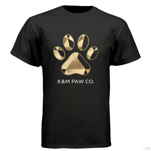 Black short sleeve t-shirt from K&M Paw Co. Paw Print Luxe Collection, featuring a premium minimalist design that honors pet companionship with modern elegance and meaningful simplicity