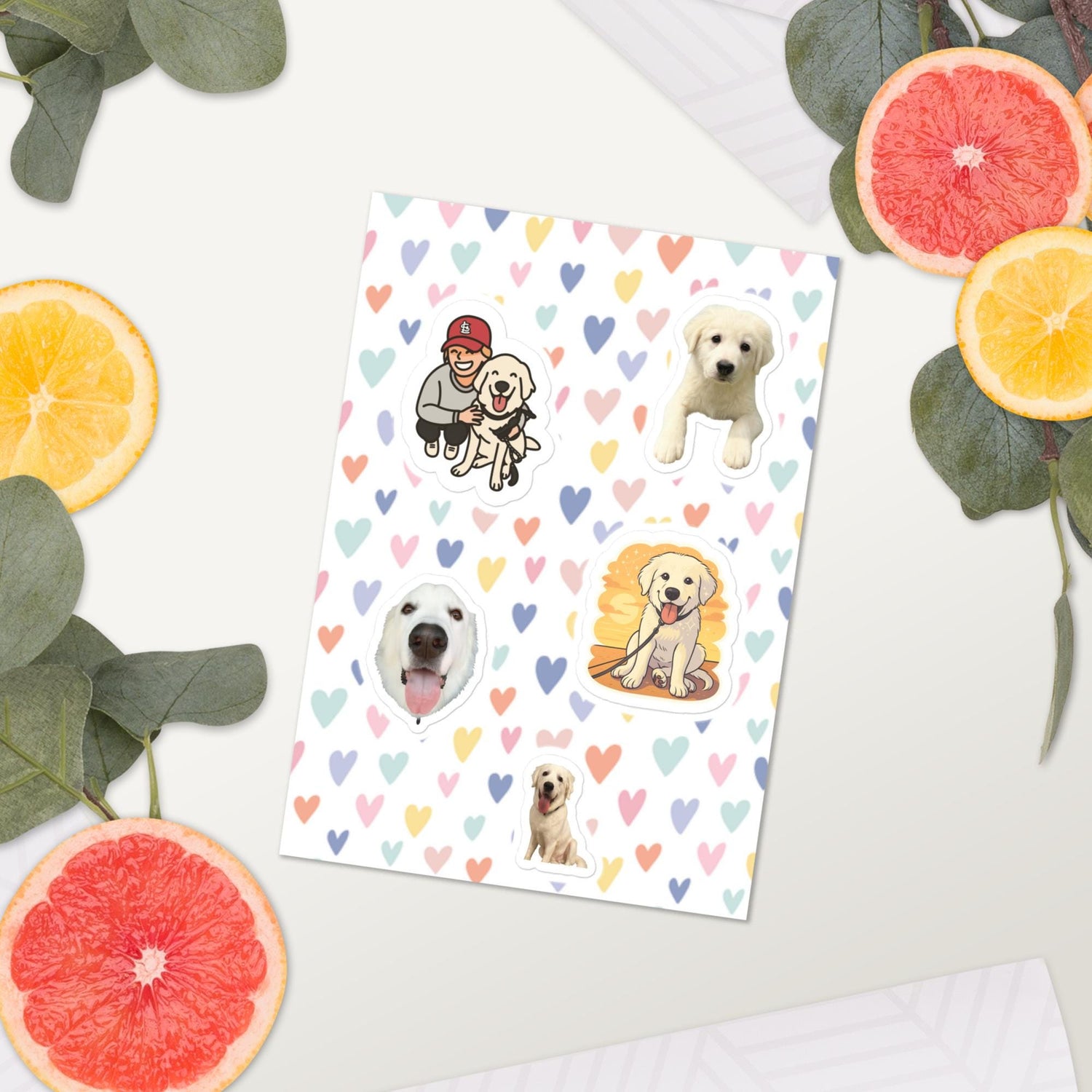 Milo the Magnificent glossy Great Pyrenees sticker from K&M Paw Co., featuring a cute dog illustration designed for pet lovers who appreciate premium quality and playful style